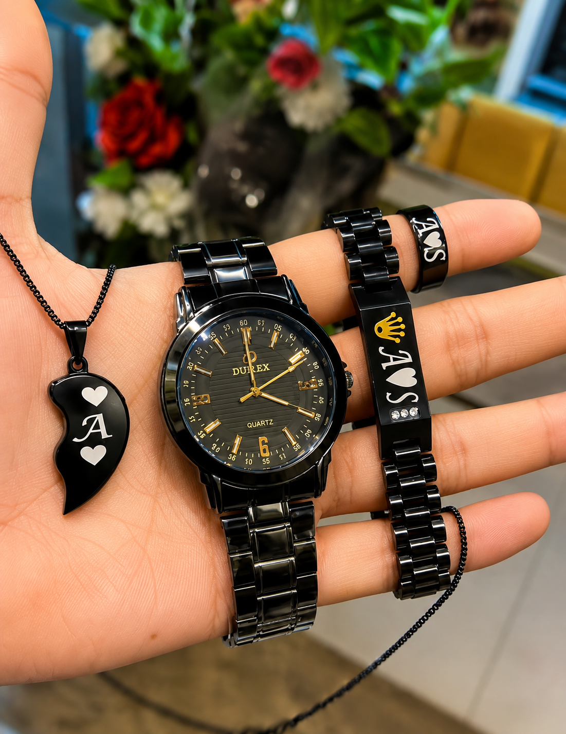 4-Piece Black Edition - Personalized Couple Gift Set – Custom Name Watch, Bracelet, Ring & Heart Pendant