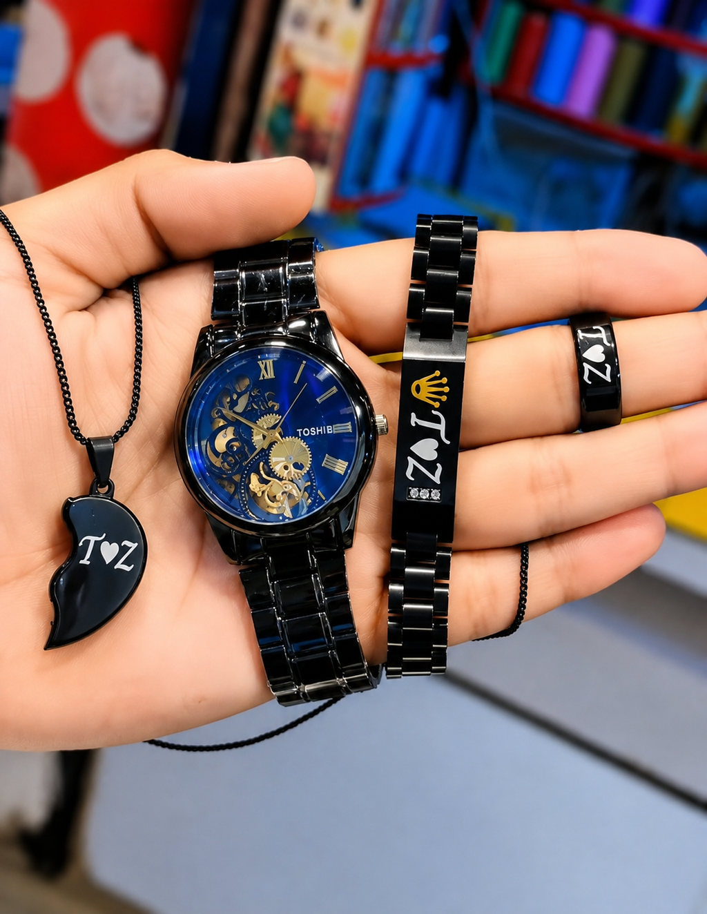 4-Piece Black Edition - Personalized Couple Gift Set – Custom Name Watch, Bracelet, Ring & Heart Pendant