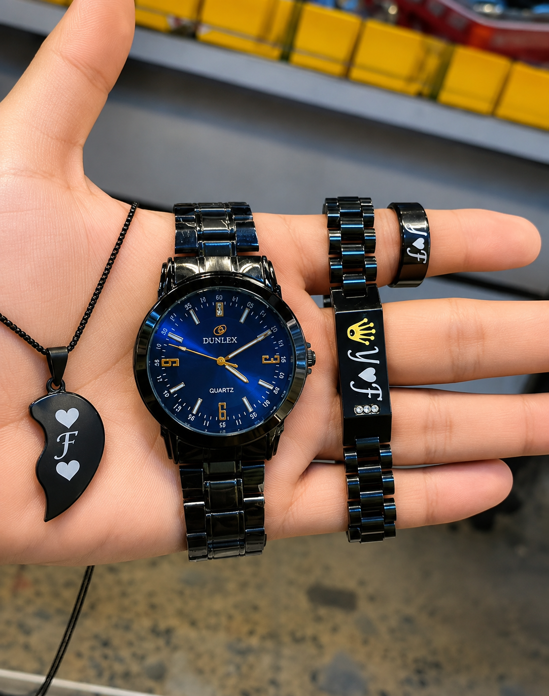 4-Piece Black Edition - Personalized Couple Gift Set – Custom Name Watch, Bracelet, Ring & Heart Pendant