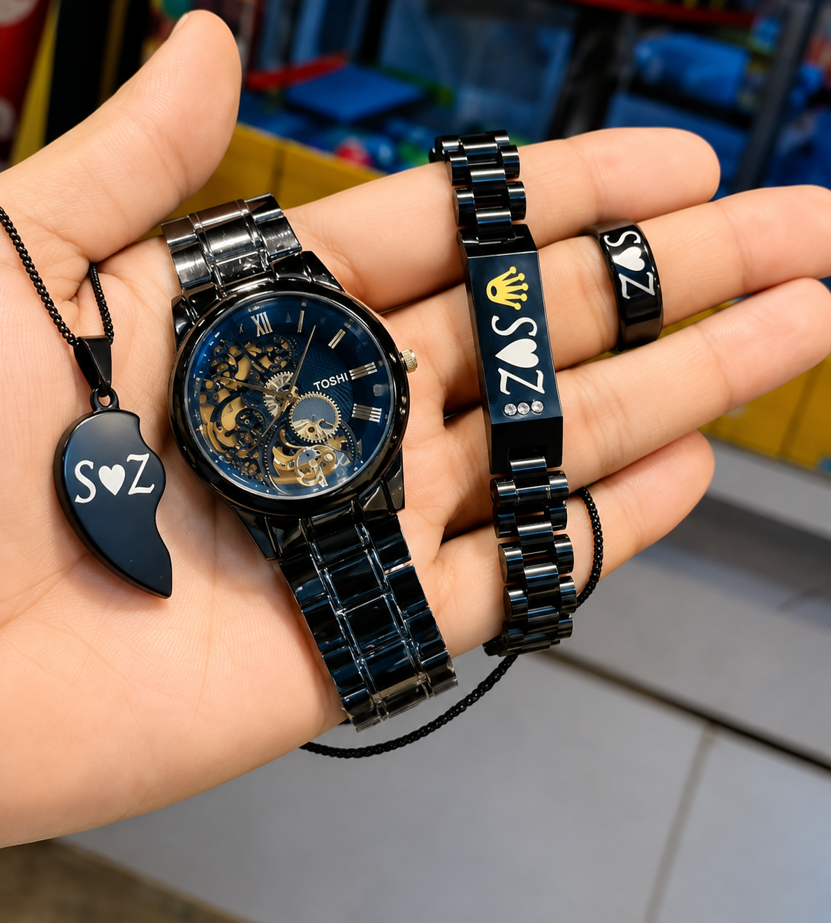 4-Piece Black Edition - Personalized Couple Gift Set – Custom Name Watch, Bracelet, Ring & Heart Pendant